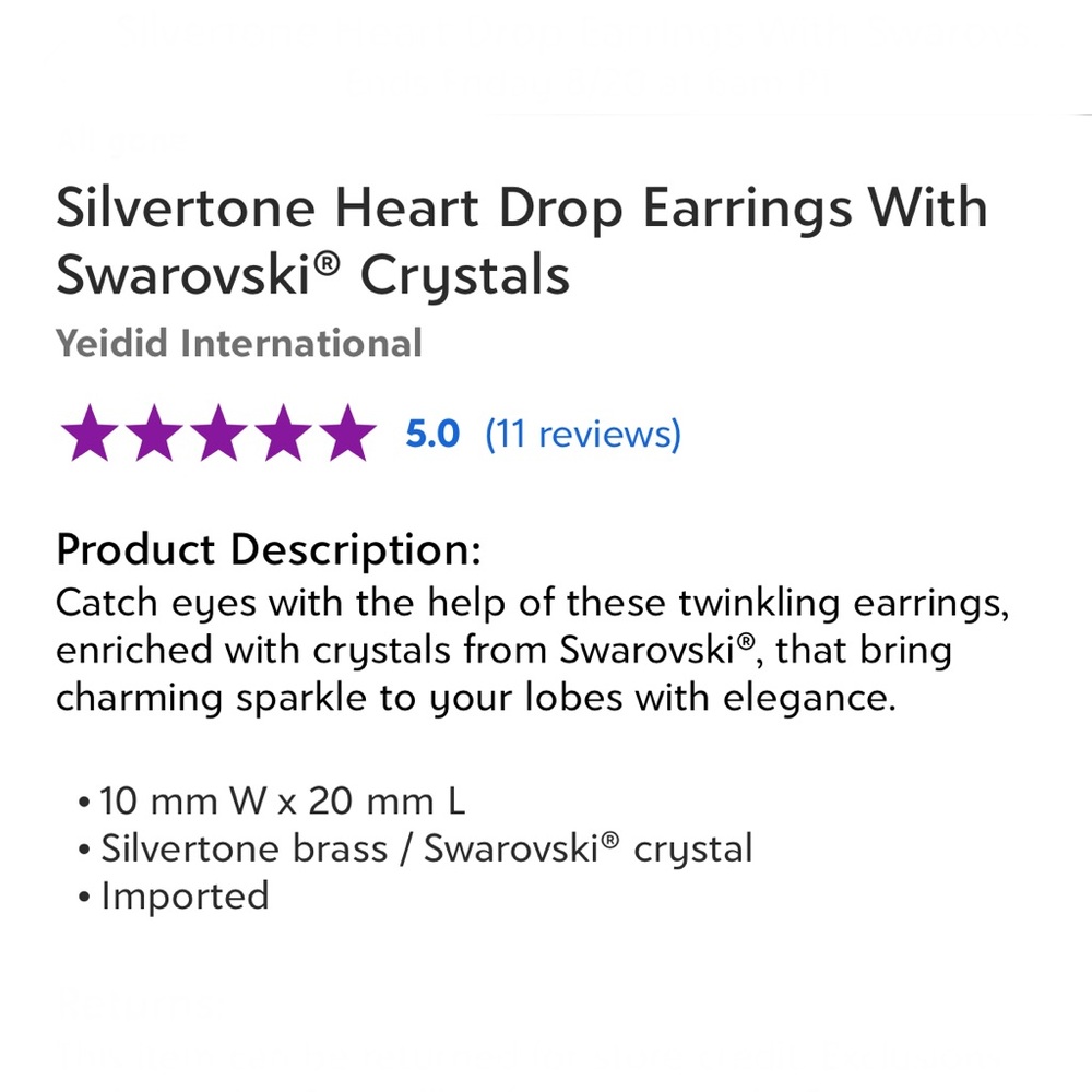 Silvertone Heart Drop Earrings with Swarovski - Picture 2 of 2